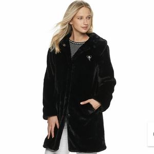 Black soft faux fur teddy bear collared long line coat
